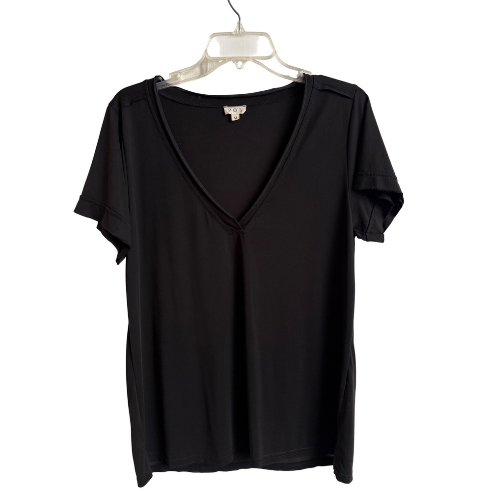POL Forever Favorite Basic Rose Petal Knit Top Black Boho Raw Edge Finish M